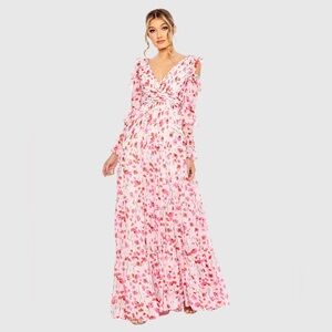Mac Duggal Pink Floral Cold-Shoulder Maxi Dress